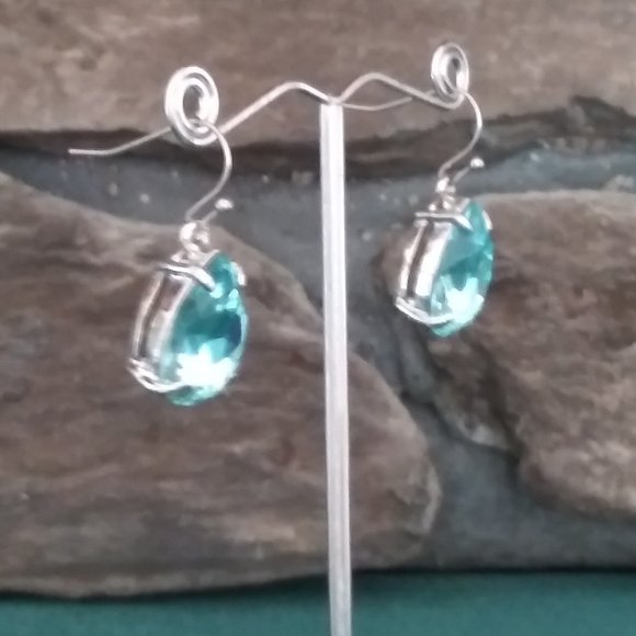 Aquamarine Color Crystal Fishhook Earrings - Picture 2 of 4